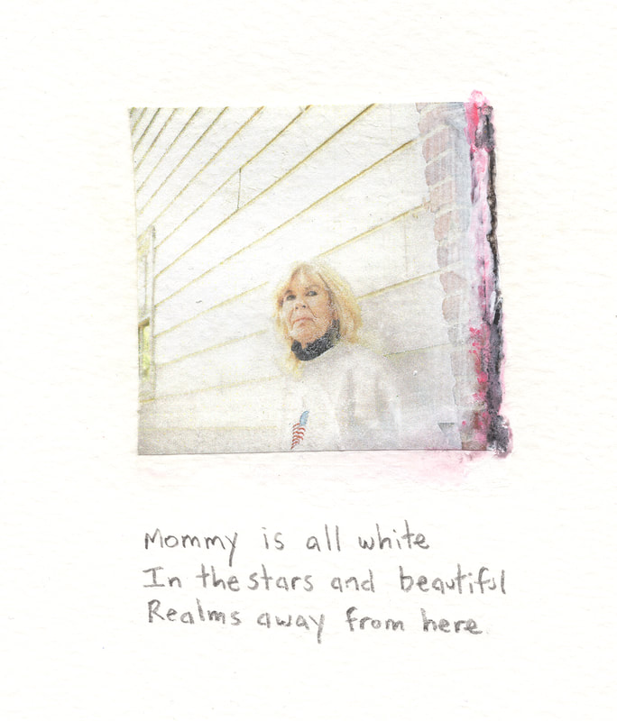 Mom Haiku 1, mixed media on paper, 2022, image and words dimensions 3 ½” x s 2 ½”, paper dimensions 12” x 9” © Libby Saylor