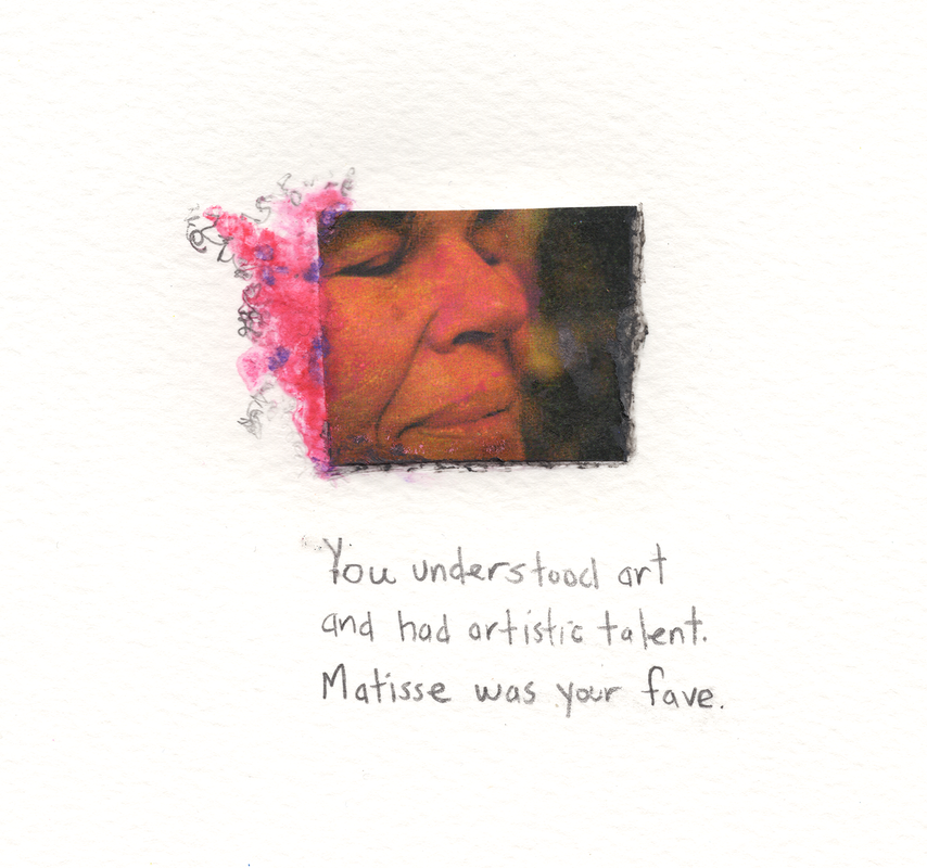 Mom Haiku 10, mixed media on paper, 2022, image and words dimensions 2 ½” x 2 ½” paper dimensions 12” x 9” © Libby Saylor