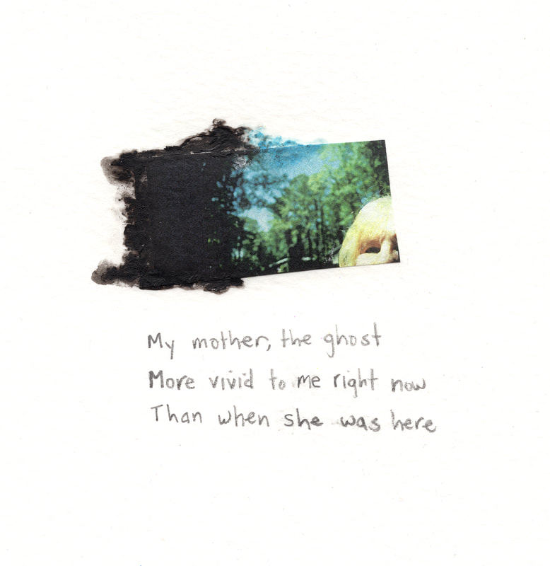 Mom Haiku 3, mixed media on paper, 2022, image and words dimensions 2 ½” x 2 ½”, paper dimensions 12” x 9” © Libby Saylor