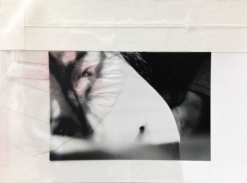 © Libby Saylor, Self Portrait 2, black and white photograph and mixed media, 5″ x 7″ 2018